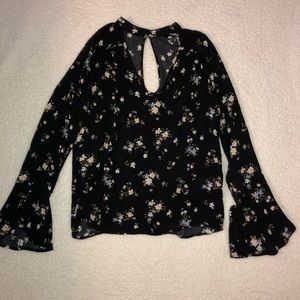 american eagle XS bell sleeve black floral top